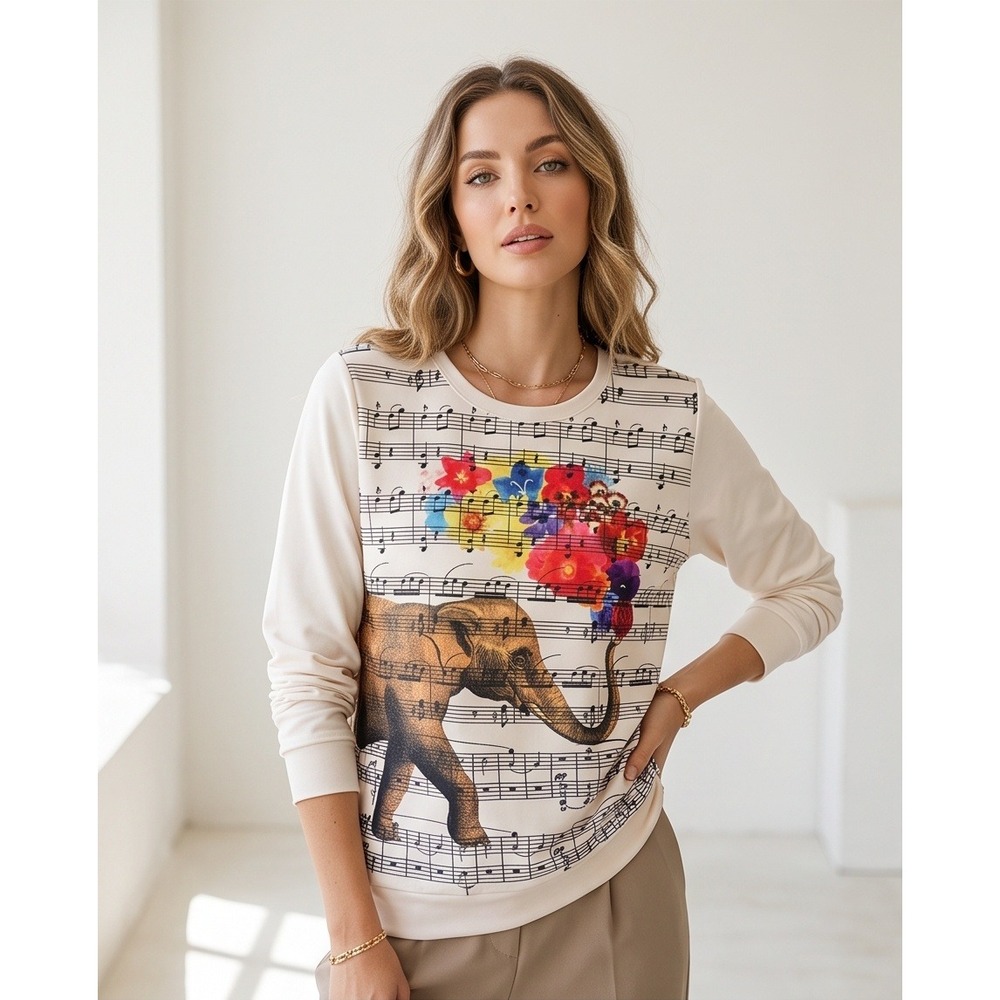Misslook XL Elephant Sheet Music Graphic Sweatshirt Cream Whimsigoth Cottagecore